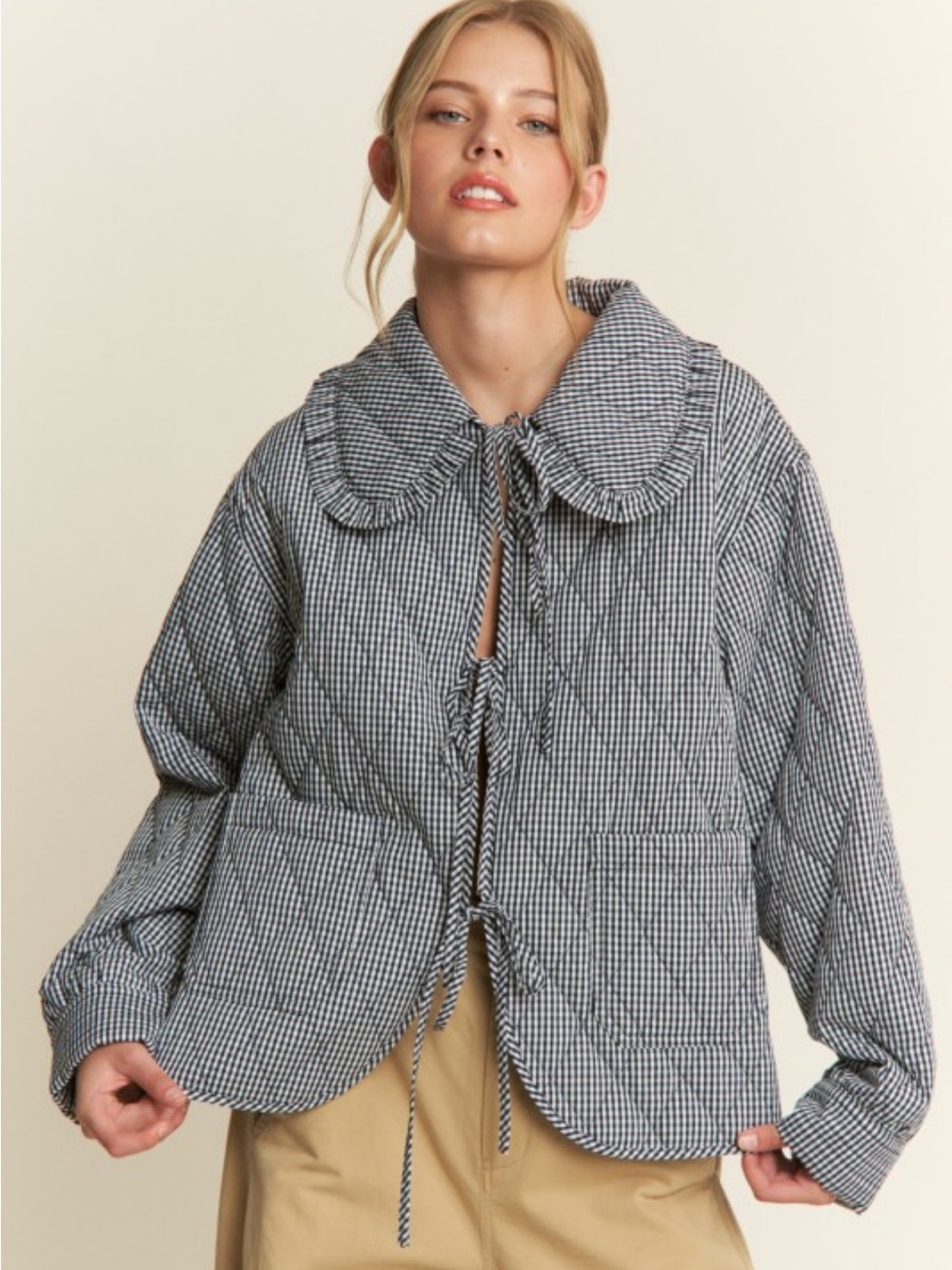 Checked Quilted Jacket with Peter Pan Collar